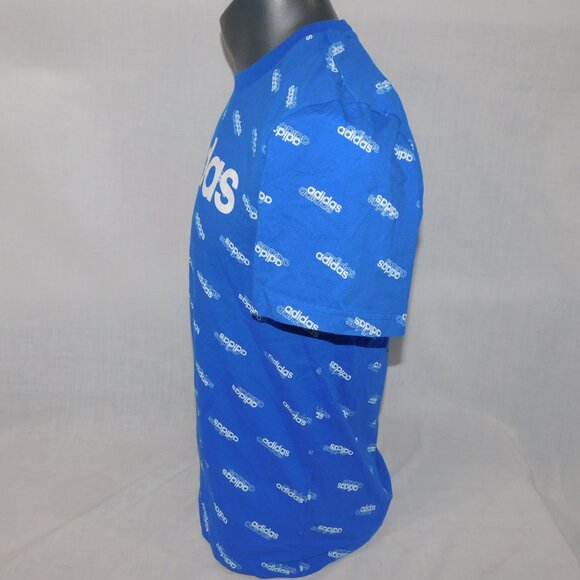 Adidas Mens M Blue White All over Spelllout Print Fave Crew Neck  T Shirt - Picture 8 of 8